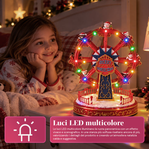 Roda-gigante de Natal com luzes LED, música e movimento rotativo, 2 cores, decoração de Natal animada, altura 26 cm, base 22 cm, plástico