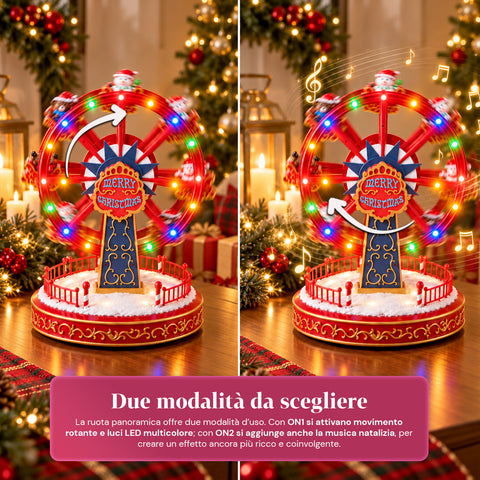 Roda-gigante de Natal com luzes LED, música e movimento rotativo, 2 cores, decoração de Natal animada, altura 26 cm, base 22 cm, plástico