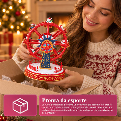 Roda-gigante de Natal com luzes LED, música e movimento rotativo, 2 cores, decoração de Natal animada, altura 26 cm, base 22 cm, plástico