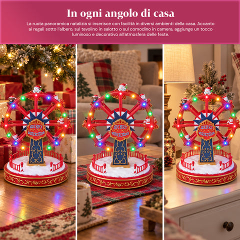Roda-gigante de Natal com luzes LED, música e movimento rotativo, 2 cores, decoração de Natal animada, altura 26 cm, base 22 cm, plástico