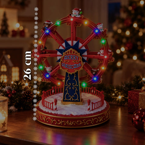 Roda-gigante de Natal com luzes LED, música e movimento rotativo, 2 cores, decoração de Natal animada, altura 26 cm, base 22 cm, plástico