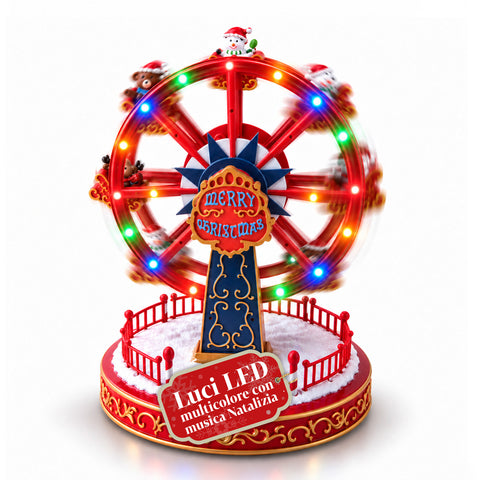 Roda-gigante de Natal com luzes LED, música e movimento rotativo, 2 cores, decoração de Natal animada, altura 26 cm, base 22 cm, plástico