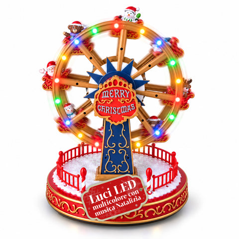 Roda-gigante de Natal com luzes LED, música e movimento rotativo, 2 cores, decoração de Natal animada, altura 26 cm, base 22 cm, plástico