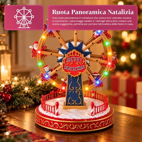 Roda-gigante de Natal com luzes LED, música e movimento rotativo, 2 cores, decoração de Natal animada, altura 26 cm, base 22 cm, plástico