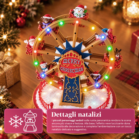 Roda-gigante de Natal com luzes LED, música e movimento rotativo, 2 cores, decoração de Natal animada, altura 26 cm, base 22 cm, plástico