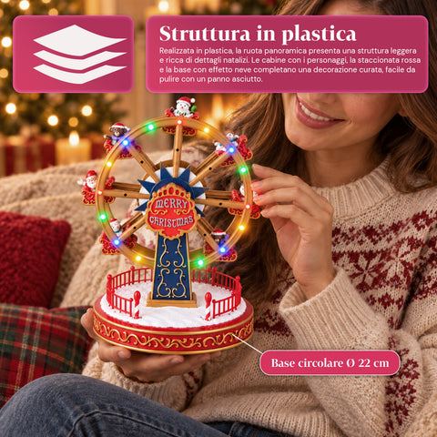 Roda-gigante de Natal com luzes LED, música e movimento rotativo, 2 cores, decoração de Natal animada, altura 26 cm, base 22 cm, plástico