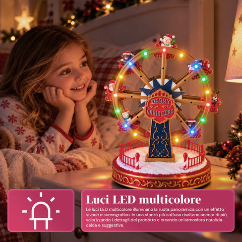 Roda-gigante de Natal com luzes LED, música e movimento rotativo, 2 cores, decoração de Natal animada, altura 26 cm, base 22 cm, plástico
