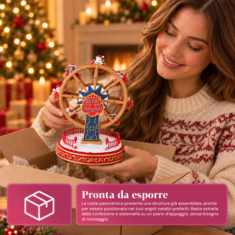 Roda-gigante de Natal com luzes LED, música e movimento rotativo, 2 cores, decoração de Natal animada, altura 26 cm, base 22 cm, plástico