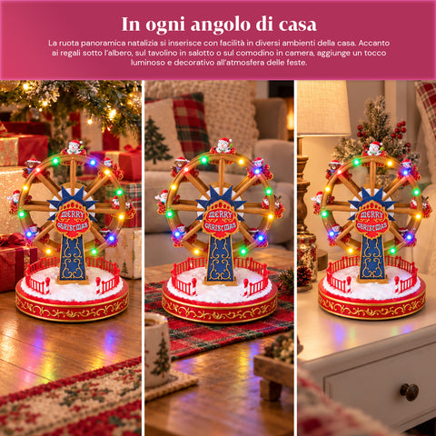 Roda-gigante de Natal com luzes LED, música e movimento rotativo, 2 cores, decoração de Natal animada, altura 26 cm, base 22 cm, plástico