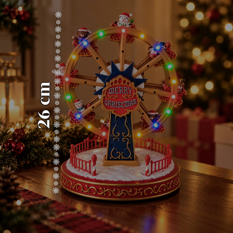 Roda-gigante de Natal com luzes LED, música e movimento rotativo, 2 cores, decoração de Natal animada, altura 26 cm, base 22 cm, plástico