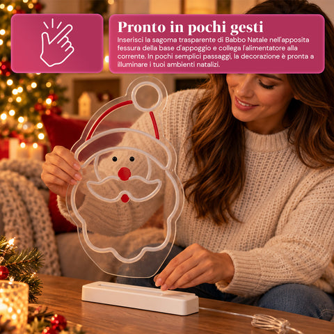 Pai Natal luminoso em néon LED 25x40 cm, luz vermelha e branca