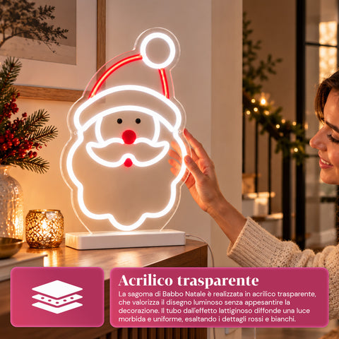 Pai Natal luminoso em néon LED 25x40 cm, luz vermelha e branca
