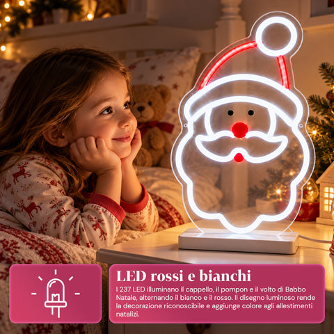Pai Natal luminoso em néon LED 25x40 cm, luz vermelha e branca