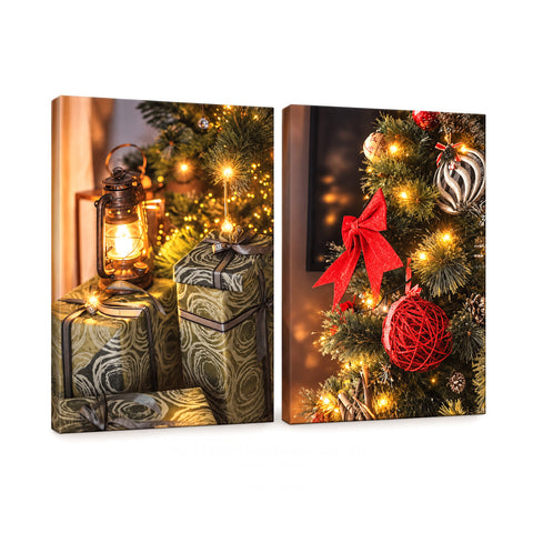 Quadros natalícios com luzes LED, conjunto de 2, 30x40 cm: Pai Natal, renas, gnomo e árvores iluminadas, a pilhas com interruptor