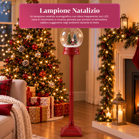 Candeeiro de Natal com neve soprada, música e luzes LED – 3 variantes: esfera branca ou vermelha de 150 cm e caixa de correio de 160 cm