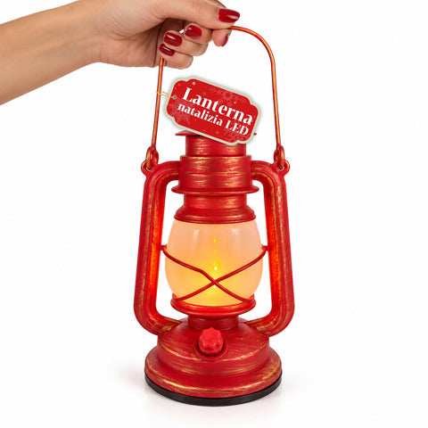 Lanterna de Natal vermelha LED com efeito de chama e música de Natal, gancho para pendurar e acabamentos dourados, decoração de 15x11x25 cm