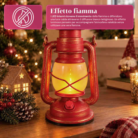 Lanterna de Natal vermelha LED com efeito de chama e música de Natal, gancho para pendurar e acabamentos dourados, decoração de 15x11x25 cm