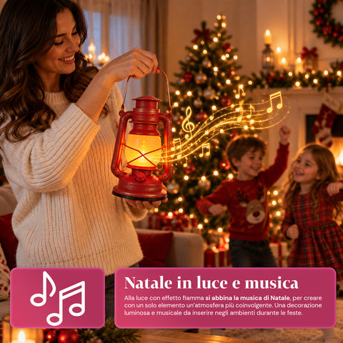 Lanterna de Natal vermelha LED com efeito de chama e música de Natal, gancho para pendurar e acabamentos dourados, decoração de 15x11x25 cm