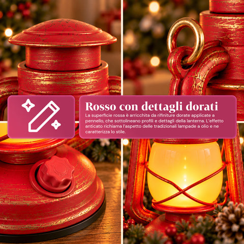 Lanterna de Natal vermelha LED com efeito de chama e música de Natal, gancho para pendurar e acabamentos dourados, decoração de 15x11x25 cm
