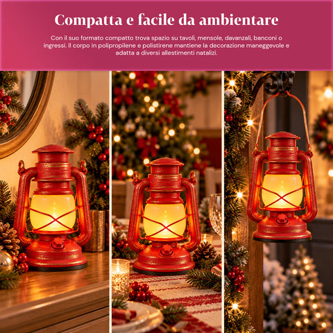Lanterna de Natal vermelha LED com efeito de chama e música de Natal, gancho para pendurar e acabamentos dourados, decoração de 15x11x25 cm
