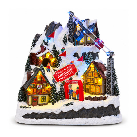 Aldeia de Natal luminosa com escorrega em movimento, teleférico, luzes LED e música de Natal - 28x19x32 cm