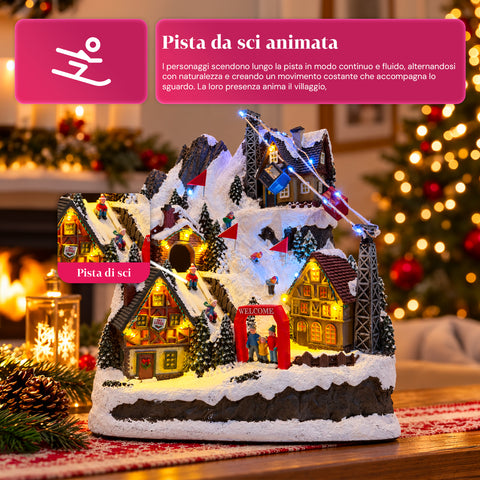 Aldeia de Natal luminosa com escorrega em movimento, teleférico, luzes LED e música de Natal - 28x19x32 cm