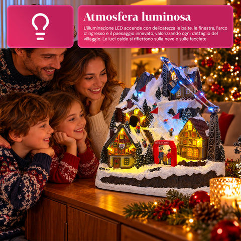Aldeia de Natal luminosa com escorrega em movimento, teleférico, luzes LED e música de Natal - 28x19x32 cm