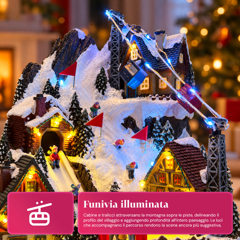 Aldeia de Natal luminosa com escorrega em movimento, teleférico, luzes LED e música de Natal - 28x19x32 cm
