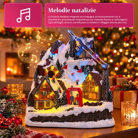 Aldeia de Natal luminosa com escorrega em movimento, teleférico, luzes LED e música de Natal - 28x19x32 cm