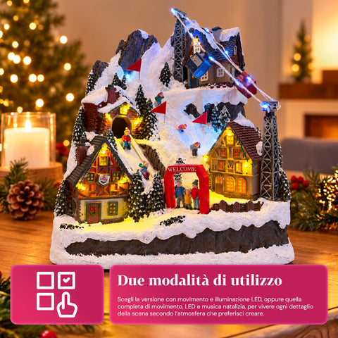 Aldeia de Natal luminosa com escorrega em movimento, teleférico, luzes LED e música de Natal - 28x19x32 cm