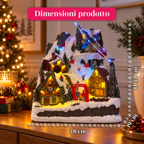 Aldeia de Natal luminosa com escorrega em movimento, teleférico, luzes LED e música de Natal - 28x19x32 cm