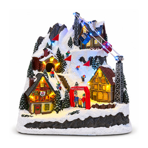 Aldeia de Natal luminosa com escorrega em movimento, teleférico, luzes LED e música de Natal - 28x19x32 cm