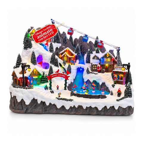 Aldeia de Natal luminosa com pistas de esqui e patinagem em movimento, luzes LED e música - 56x37x42 cm