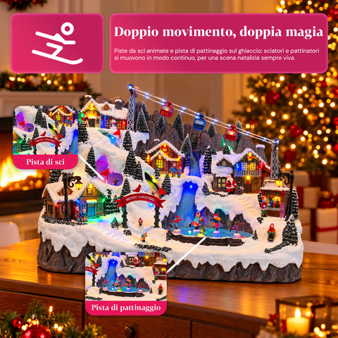 Aldeia de Natal luminosa com pistas de esqui e patinagem em movimento, luzes LED e música - 56x37x42 cm