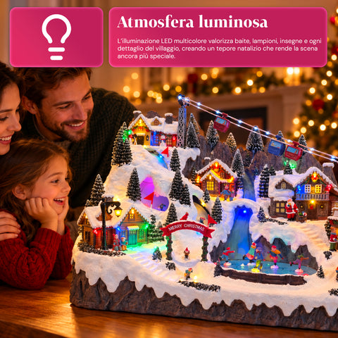 Aldeia de Natal luminosa com pistas de esqui e patinagem em movimento, luzes LED e música - 56x37x42 cm