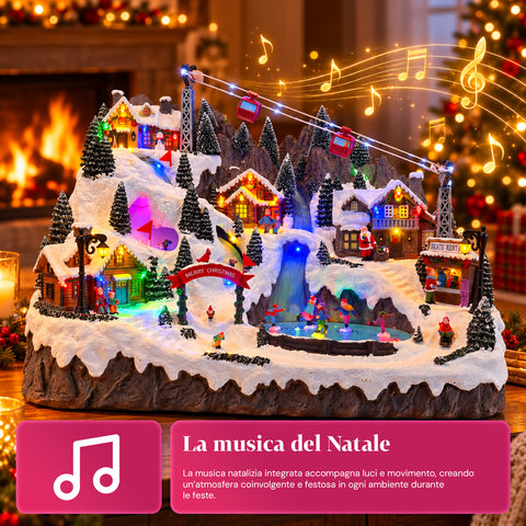 Aldeia de Natal luminosa com pistas de esqui e patinagem em movimento, luzes LED e música - 56x37x42 cm