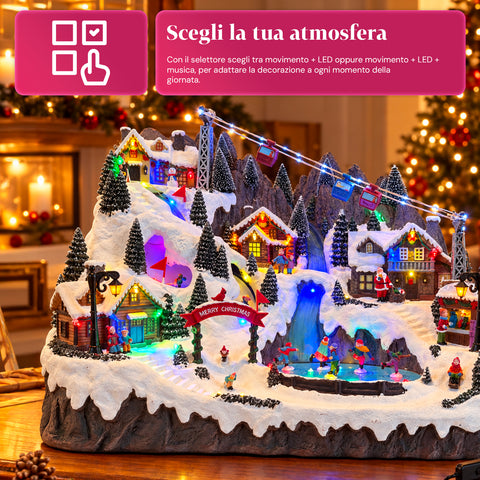 Aldeia de Natal luminosa com pistas de esqui e patinagem em movimento, luzes LED e música - 56x37x42 cm