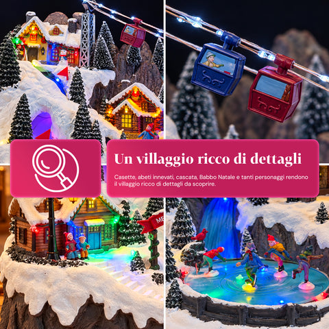 Aldeia de Natal luminosa com pistas de esqui e patinagem em movimento, luzes LED e música - 56x37x42 cm
