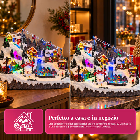 Aldeia de Natal luminosa com pistas de esqui e patinagem em movimento, luzes LED e música - 56x37x42 cm
