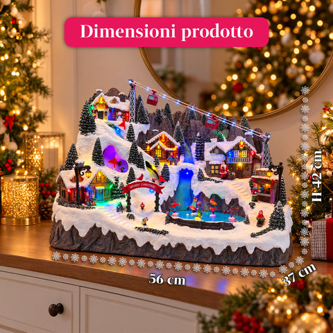 Aldeia de Natal luminosa com pistas de esqui e patinagem em movimento, luzes LED e música - 56x37x42 cm