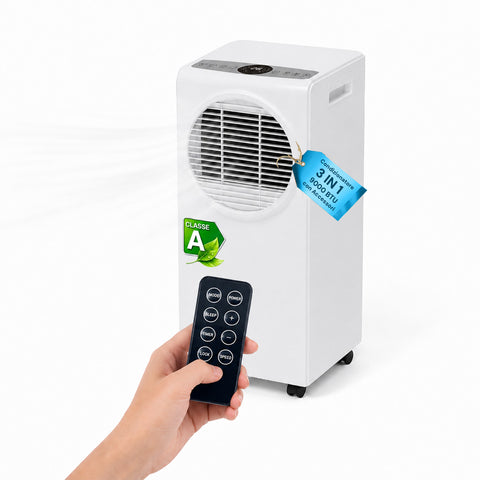 Ar condicionado portátil 9000 BTU 3 em 1 em ABS com comando (classe A R290), 950W + temporizador