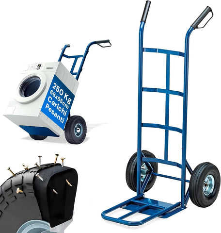 Carrinho de carga de aço, 250 kg, azul, com rodas pneumáticas resistentes