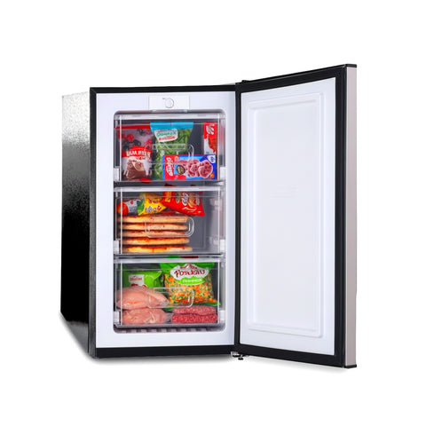 Congelador de uma porta com 80 litros, abertura frontal e design bicolor prateado/preto