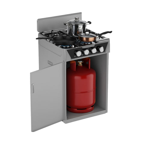 Fogão a gás com 4 queimadores e compartimento para botija – para interiores e exteriores