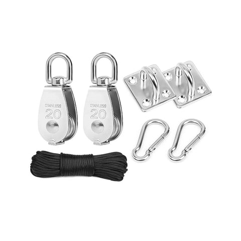 Kit de roldana em aço inoxidável com corda de 20 m – Resistente e completo, com acessórios