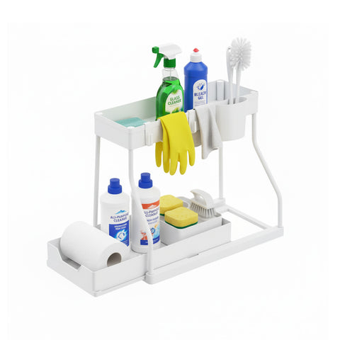 Organizador extraível economizador de espaço com cesto e ganchos para casa de banho ou cozinha