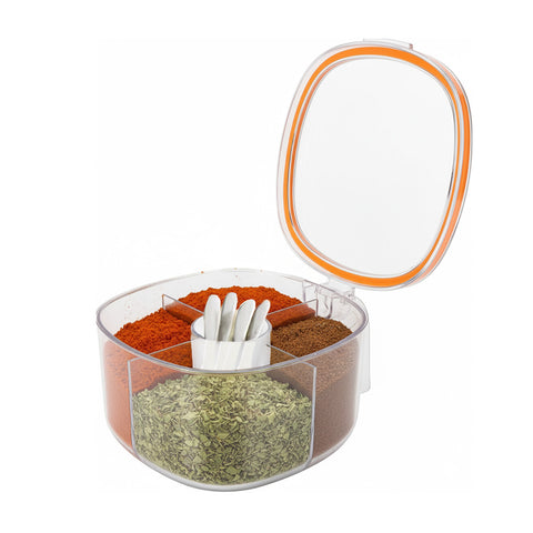 Organizador de especiarias de cozinha com 4 compartimentos, tampa e colheres
