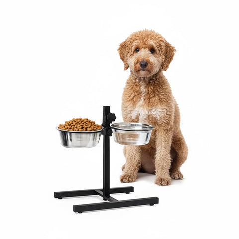 Suporte Elevado para Taças de Cães e Gatos – Altura Regulável e 2 Taças de Aço de 1L