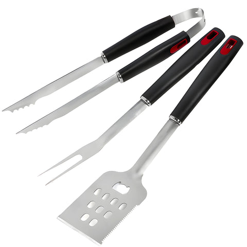 Conjunto de 3 utensílios para churrasco em aço acetinado: pinças, espátula, garfo