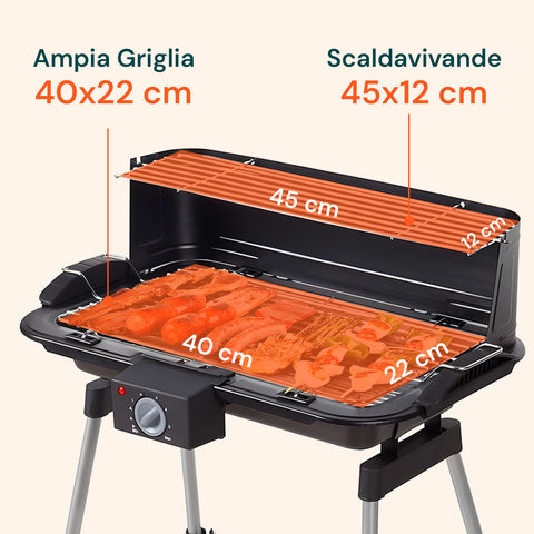 Barbecue Elettrico da Esterno 88x54 Cm con Griglia e Scaldavivande